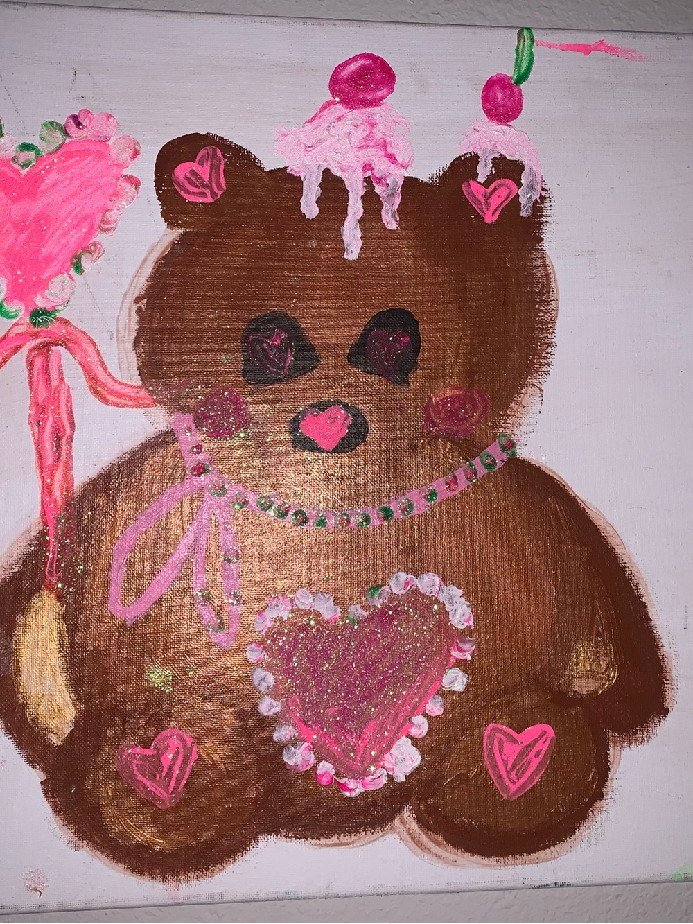 Hand-Painted Brown Teddy Bear Heart Canvas - Pink Accents